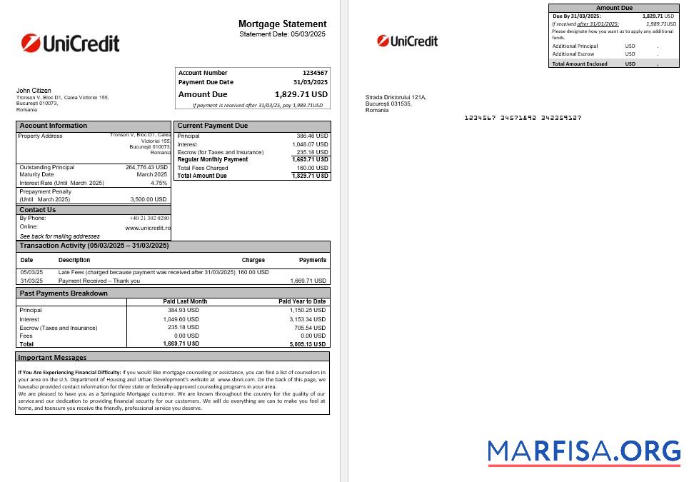 Printable Romania Unicredit bank mortgage statement in Word and PDF formats example